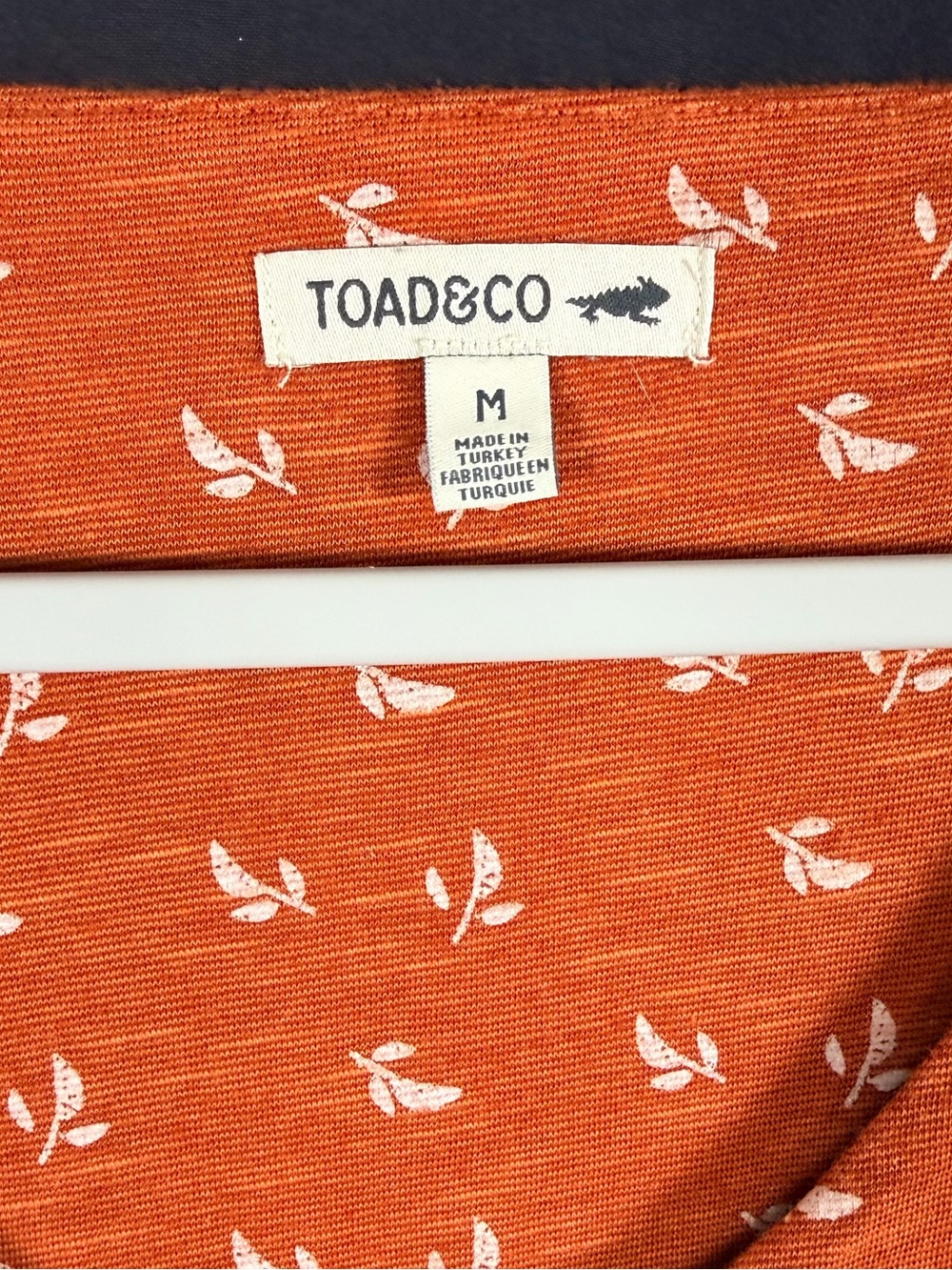 Toad&Co Orange V-Neck Midi Dress with White Leaf Print Tencel Organic cotton - Picture 7 of 12